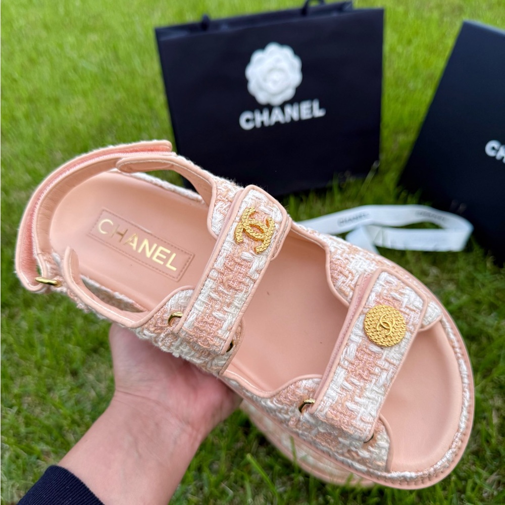 CHANEL Cream & Peach/Pink Dad Tweed Sandals with Gold Embellishments Hardware